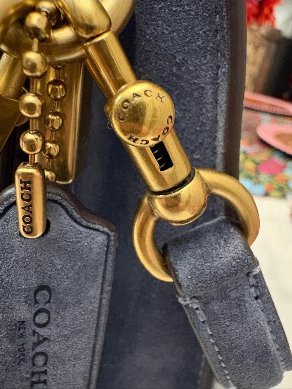 Coach Suede Chain Tabby Shoulder Bag in Navy with Gold Hardware